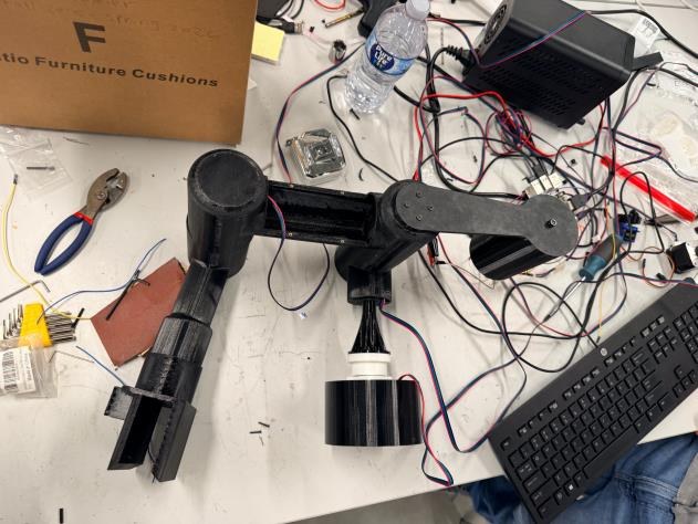 Assembled robotic arm on the lab bench